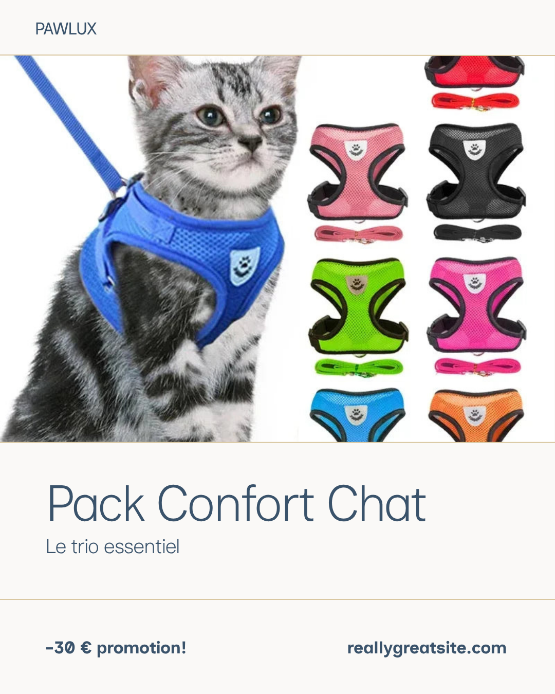 Pack Confort Chat PawLux — harnais anti-fugue, fontaine à eau automatique et griffoir sisal pour chat, offre -30€